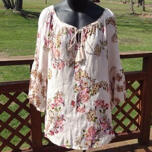 Bila Cream Boho Floral and Paisley Print Bell Sleeve Top Size Large